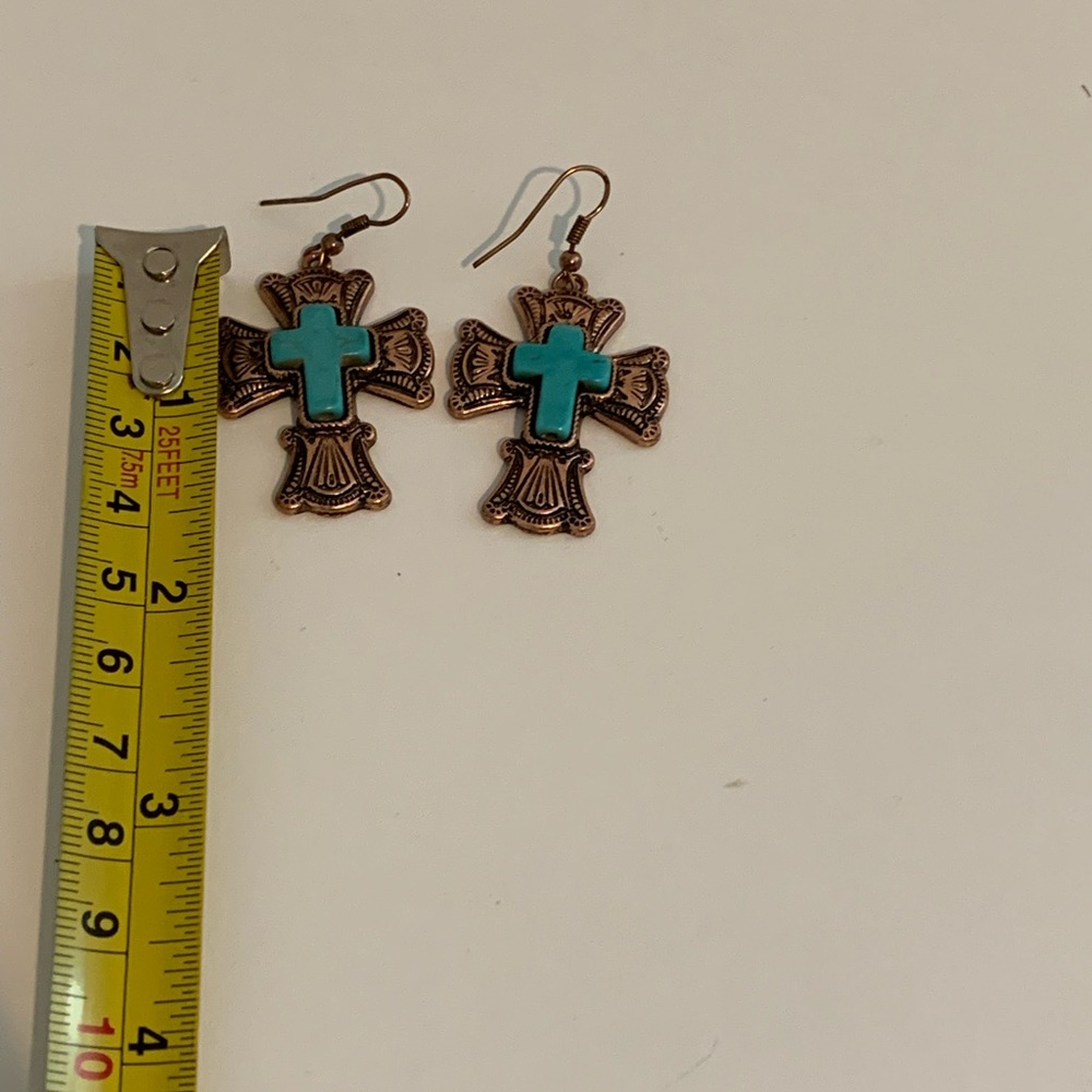 Cross Turquoise & Copper Colored Earrings Western Country Boho Casual - Picture 2 of 3